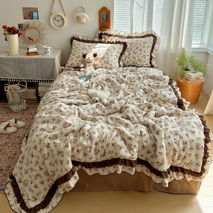 91家纺网 家纺一手货源 找家纺 轻奢坊 2025新款复古风双层纱水洗棉夏被四件套 夏被-木槿