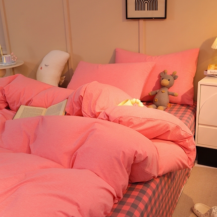 91家纺网 家纺一手货源 找家纺 （总）缦绣阁家纺 2025新款亲肤水洗棉纯色双拼四件套简约风床单款床笠款四件套宿舍三件套