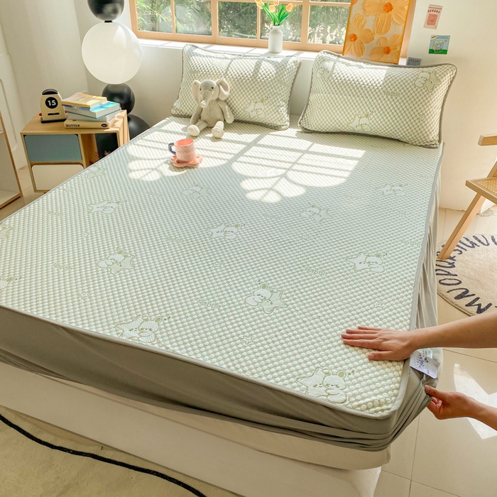 91家纺网 家纺一手货源 找家纺 千朵 2025新款凉感PE冰豆豆提花床笠款凉席 星星兔绿