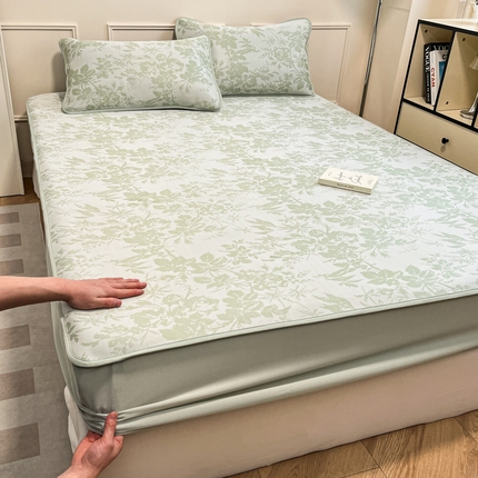 宜代光年 2025新款冷凝丝可水洗提花凉感席-床笠款 床笠-凉感繁花-绿