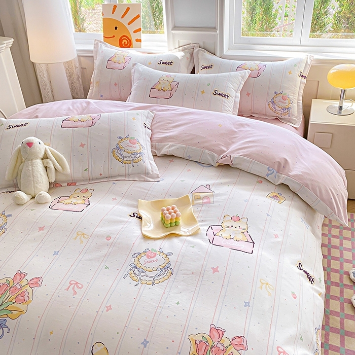 91家纺网 家纺一手货源 找家纺 天之爱 2025新款全棉印花四件套 甜心可爱猫