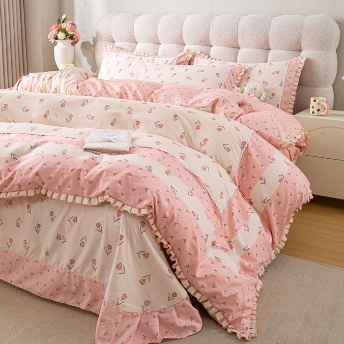 91家纺网 家纺一手货源 找家纺 皇谱家纺 新款韩版欧彩棉四件套磨毛直播爆款专版花型 郁金绮梦-粉