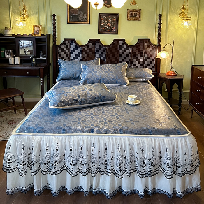 91家纺网 家纺一手货源 找家纺 网红馆（ck家纺） 2025新款可脱卸床裙款冰藤席-盛夏繁星 蔚蓝