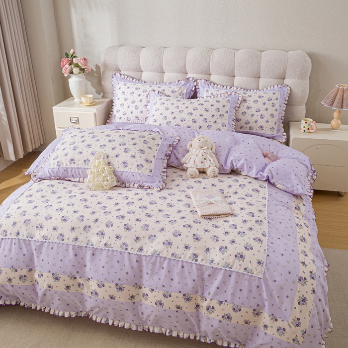 91家纺网 家纺一手货源 找家纺 皇谱家纺 新款韩版欧彩棉四件套磨毛直播爆款专版花型 小岛蔷薇-紫
