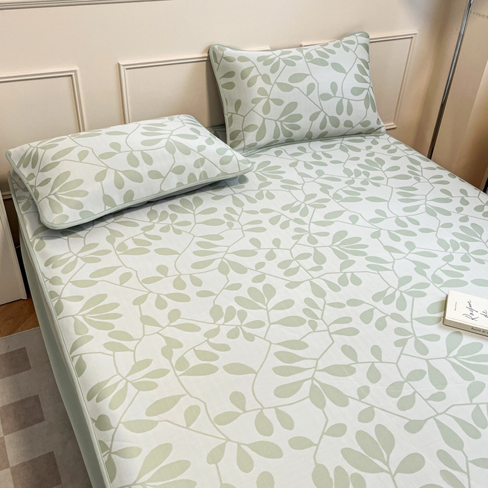 91家纺网 家纺一手货源 找家纺 宜代光年 2025新款冷凝丝可水洗提花凉感席-床笠款 叶繁-绿