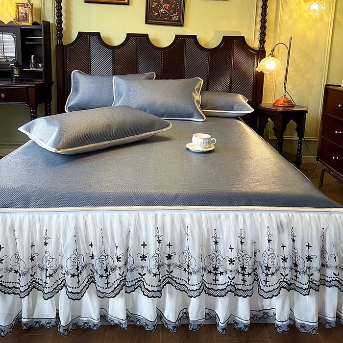 91家纺网 家纺一手货源 找家纺 网红馆（ck家纺） 2025新款可脱卸床裙款冰藤席-盛夏繁星 蓝灰