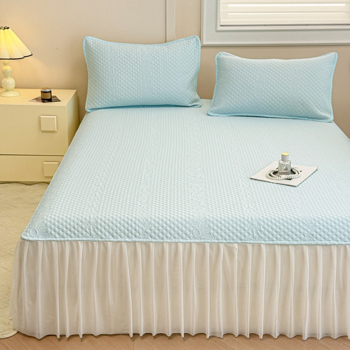 91家纺网 家纺一手货源 找家纺 布卢姆床垫 2025新款A类PE乙纶冰豆豆凉席床裙款 夏日藤萝 蓝