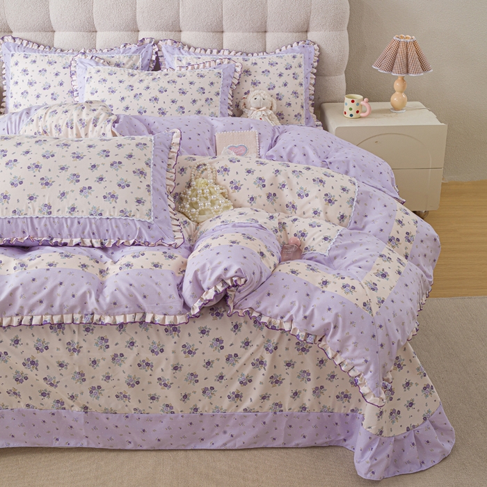 91家纺网 家纺一手货源 找家纺 皇谱家纺 新款韩版欧彩棉四件套磨毛直播爆款专版花型 小岛蔷薇-紫