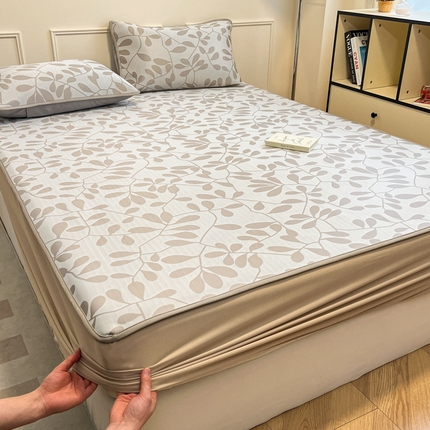 宜代光年 2025新款冷凝丝可水洗提花凉感席-床笠款 叶繁-咖