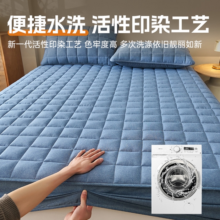 91家纺网 家纺一手货源 找家纺 锦丝钰床垫 2025春夏新款全棉色织水洗棉床笠 牛仔蓝