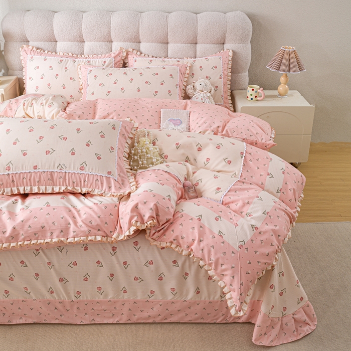 91家纺网 家纺一手货源 找家纺 皇谱家纺 新款韩版欧彩棉四件套磨毛直播爆款专版花型 郁金绮梦-粉