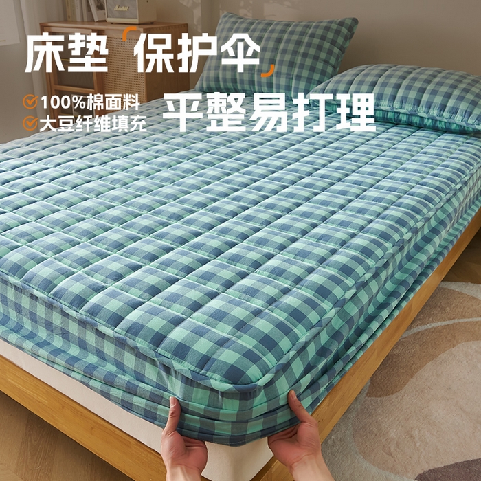 91家纺网 家纺一手货源 找家纺 锦丝钰床垫 2025春夏新款全棉色织水洗棉床笠 蓝绿中格