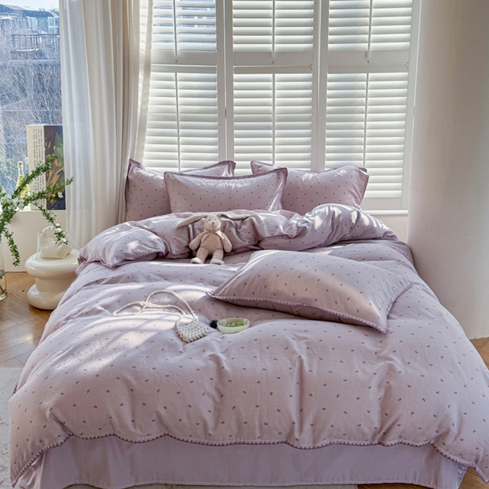 91家纺网 家纺一手货源 找家纺 （总）金丝鸟家纺 2025新款全棉双层纱贝壳边四件套花卉系列