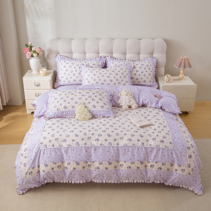 91家纺网 家纺一手货源 找家纺 皇谱家纺 新款韩版欧彩棉四件套磨毛直播爆款专版花型 小岛蔷薇-紫