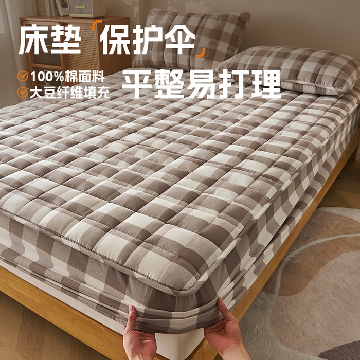 91家纺网 家纺一手货源 找家纺 锦丝钰床垫 2025春夏新款全棉色织水洗棉床笠 灰中格