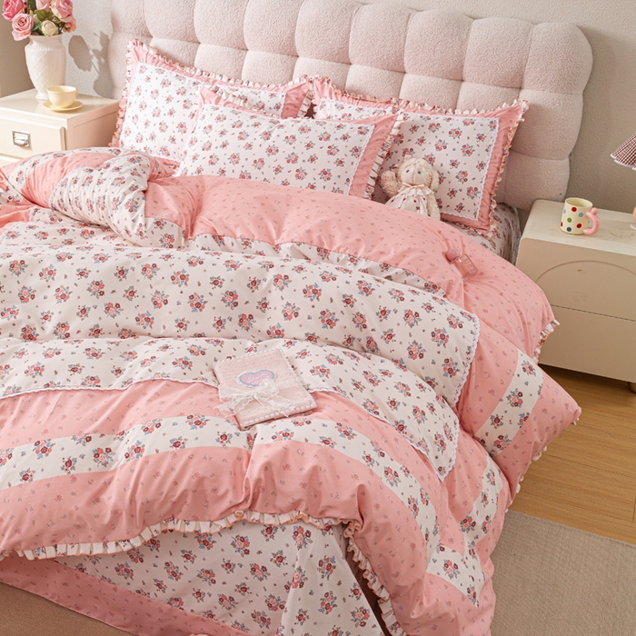 91家纺网 家纺一手货源 找家纺 皇谱家纺 新款韩版欧彩棉四件套磨毛直播爆款专版花型 小岛蔷薇-粉