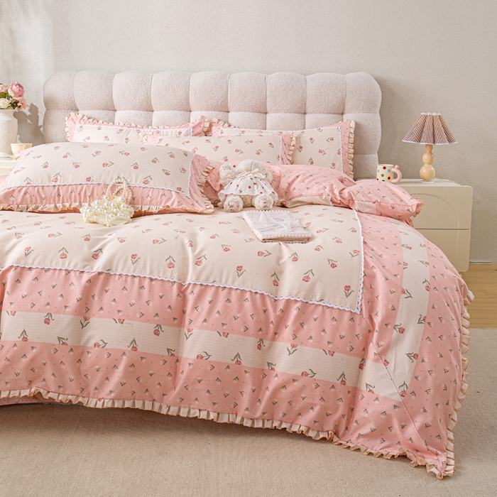 91家纺网 家纺一手货源 找家纺 皇谱家纺 新款韩版欧彩棉四件套磨毛直播爆款专版花型 郁金绮梦-粉