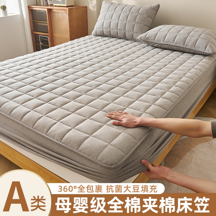 91家纺网 家纺一手货源 找家纺 锦丝钰床垫 2025春夏新款全棉色织水洗棉床笠 浅灰