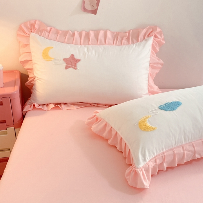 91家纺网 家纺一手货源 找家纺 雨菲家纺 2025新款公主风水洗棉四件套-星月 星月粉白