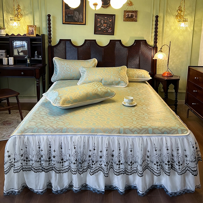 91家纺网 家纺一手货源 找家纺 网红馆（ck家纺） 2025新款可脱卸床裙款冰藤席-盛夏繁星 艾绿