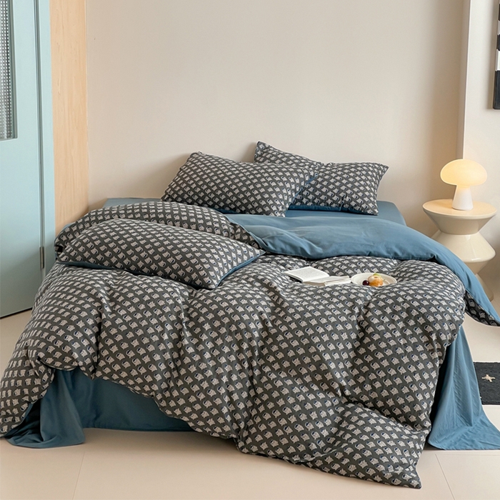 萝莉家纺 2025新款全棉复古美式风水洗双层纱印花四件套 沧海灰