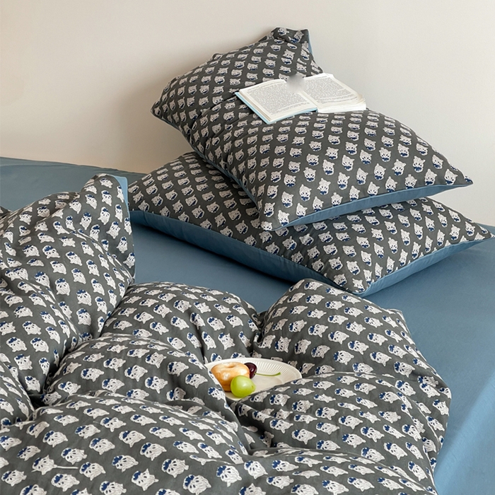 91家纺网 家纺一手货源 找家纺 萝莉家纺 2025新款全棉复古美式风水洗双层纱印花四件套 沧海灰