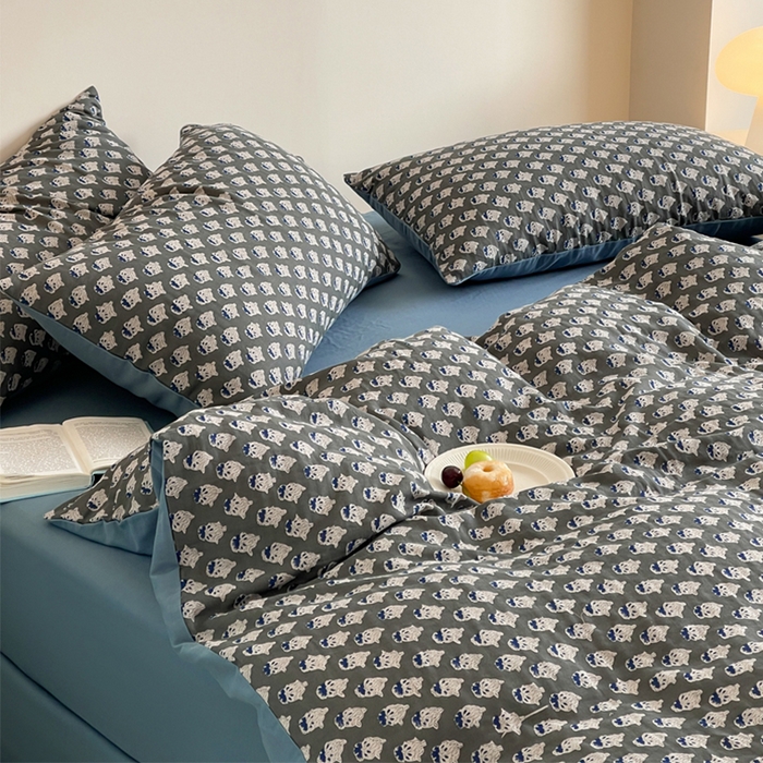 91家纺网 家纺一手货源 找家纺 萝莉家纺 2025新款全棉复古美式风水洗双层纱印花四件套 沧海灰