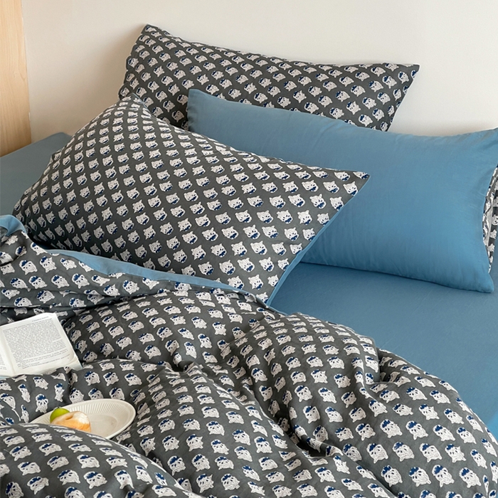 91家纺网 家纺一手货源 找家纺 萝莉家纺 2025新款全棉复古美式风水洗双层纱印花四件套 沧海灰