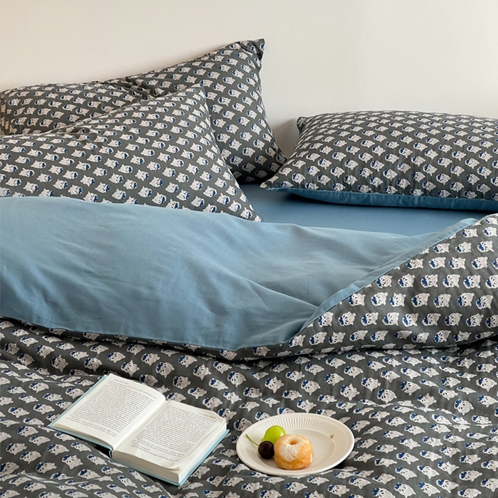 91家纺网 家纺一手货源 找家纺 萝莉家纺 2025新款全棉复古美式风水洗双层纱印花四件套 沧海灰