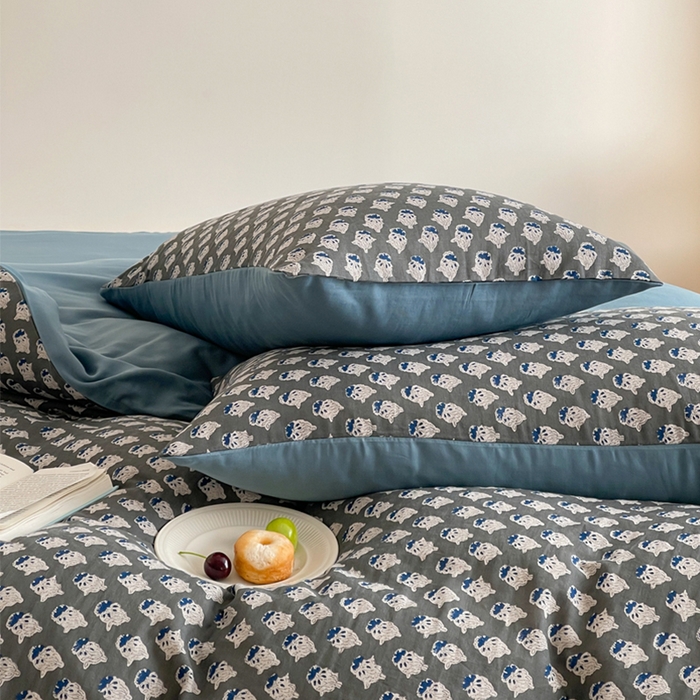 91家纺网 家纺一手货源 找家纺 萝莉家纺 2025新款全棉复古美式风水洗双层纱印花四件套 沧海灰