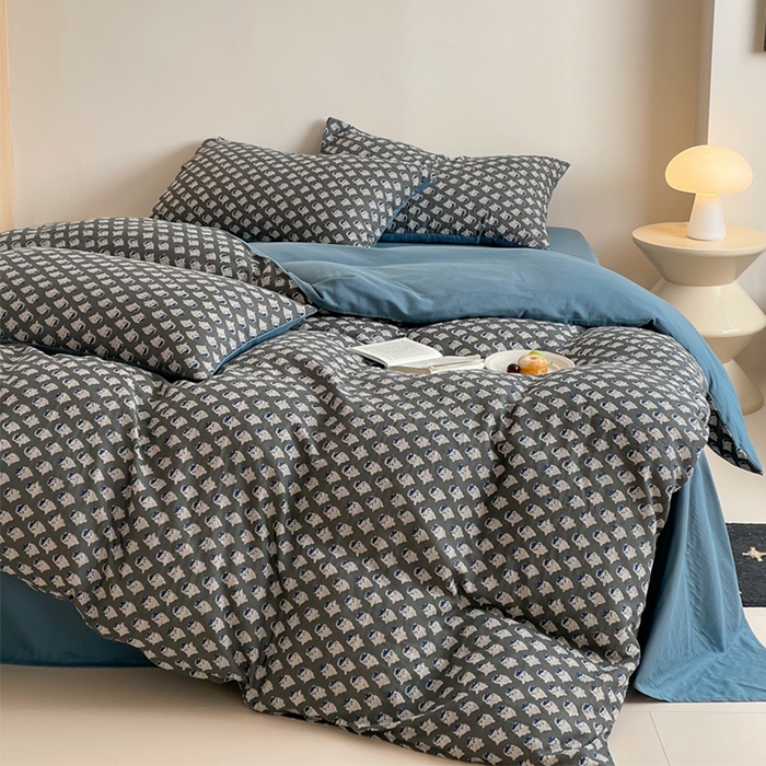 91家纺网 家纺一手货源 找家纺 萝莉家纺 2025新款全棉复古美式风水洗双层纱印花四件套 沧海灰