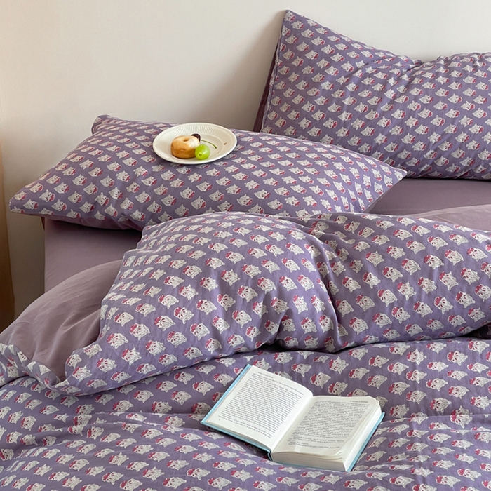 91家纺网 家纺一手货源 找家纺 萝莉家纺 2025新款全棉复古美式风水洗双层纱印花四件套 沧海紫