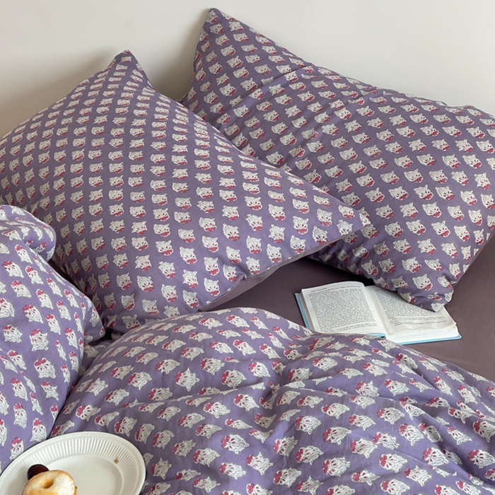 91家纺网 家纺一手货源 找家纺 萝莉家纺 2025新款全棉复古美式风水洗双层纱印花四件套 沧海紫