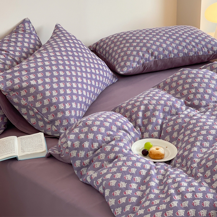 91家纺网 家纺一手货源 找家纺 萝莉家纺 2025新款全棉复古美式风水洗双层纱印花四件套 沧海紫