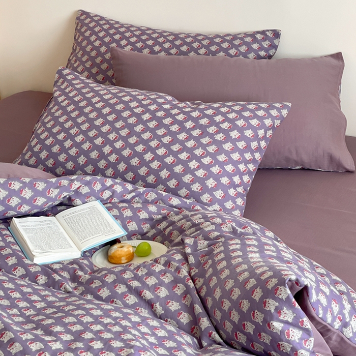 91家纺网 家纺一手货源 找家纺 萝莉家纺 2025新款全棉复古美式风水洗双层纱印花四件套 沧海紫