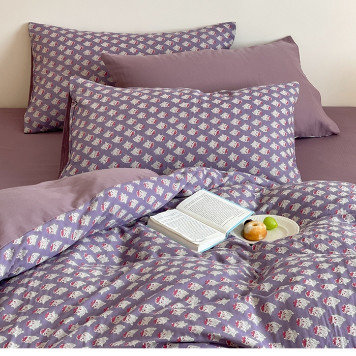 91家纺网 家纺一手货源 找家纺 萝莉家纺 2025新款全棉复古美式风水洗双层纱印花四件套 沧海紫