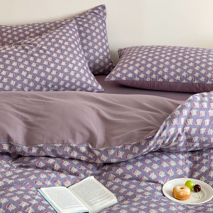 91家纺网 家纺一手货源 找家纺 萝莉家纺 2025新款全棉复古美式风水洗双层纱印花四件套 沧海紫