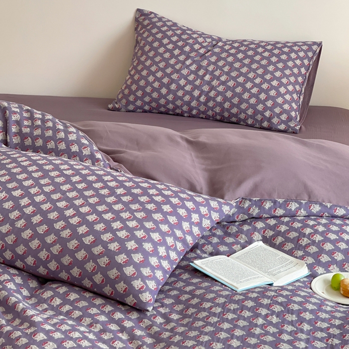 91家纺网 家纺一手货源 找家纺 萝莉家纺 2025新款全棉复古美式风水洗双层纱印花四件套 沧海紫