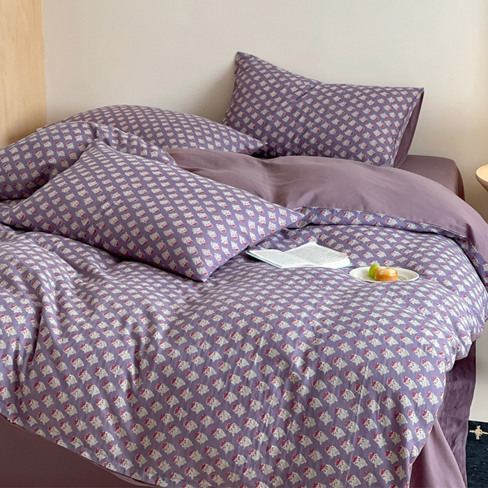 91家纺网 家纺一手货源 找家纺 萝莉家纺 2025新款全棉复古美式风水洗双层纱印花四件套 沧海紫