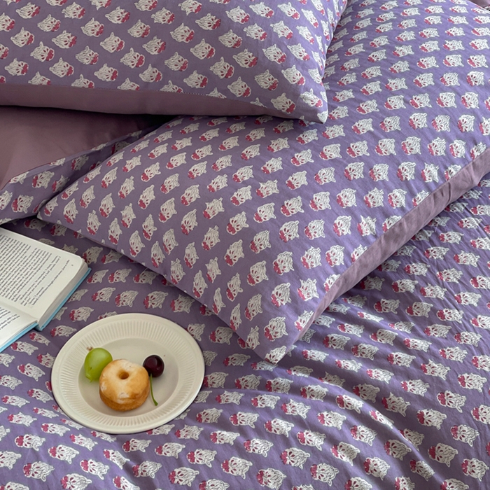 91家纺网 家纺一手货源 找家纺 萝莉家纺 2025新款全棉复古美式风水洗双层纱印花四件套 沧海紫