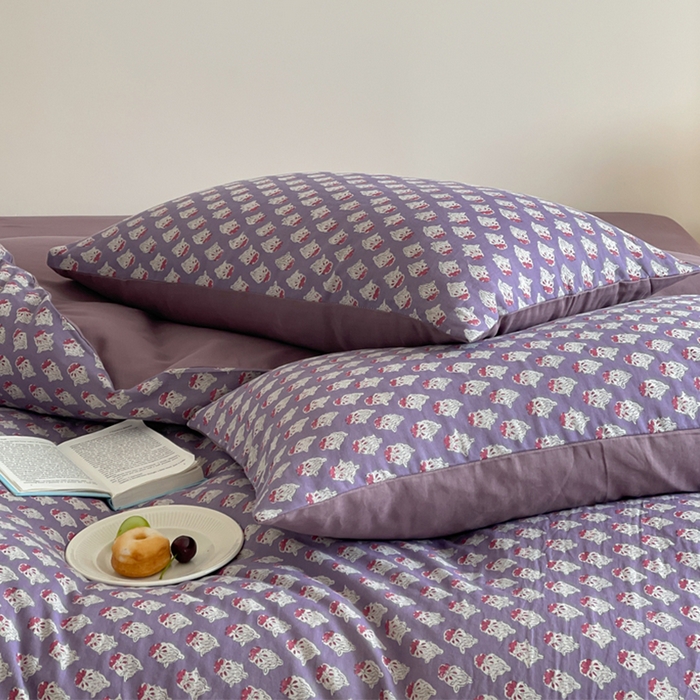 91家纺网 家纺一手货源 找家纺 萝莉家纺 2025新款全棉复古美式风水洗双层纱印花四件套 沧海紫