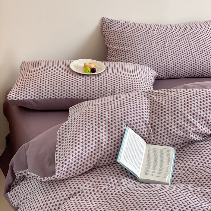 91家纺网 家纺一手货源 找家纺 萝莉家纺 2025新款全棉复古美式风水洗双层纱印花四件套 花蕾紫