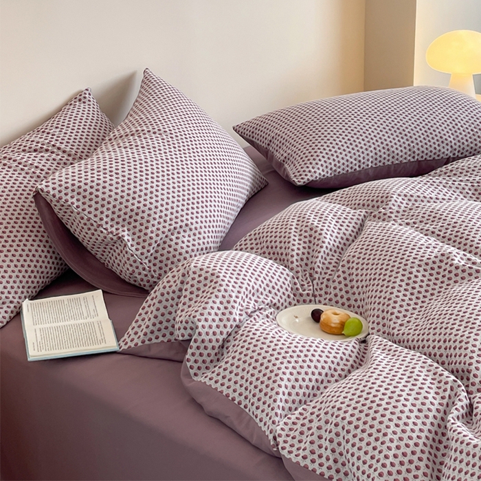 91家纺网 家纺一手货源 找家纺 萝莉家纺 2025新款全棉复古美式风水洗双层纱印花四件套 花蕾紫