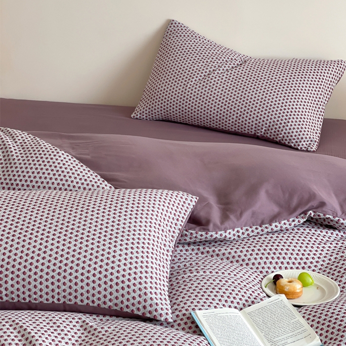 91家纺网 家纺一手货源 找家纺 萝莉家纺 2025新款全棉复古美式风水洗双层纱印花四件套 花蕾紫