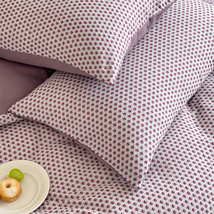 91家纺网 家纺一手货源 找家纺 萝莉家纺 2025新款全棉复古美式风水洗双层纱印花四件套 花蕾紫