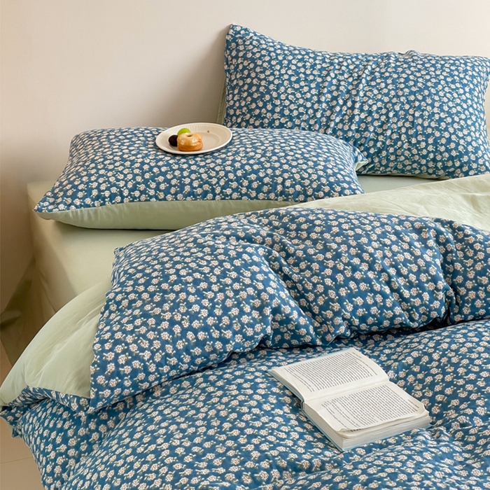 91家纺网 家纺一手货源 找家纺 萝莉家纺 2025新款全棉复古美式风水洗双层纱印花四件套 深兰