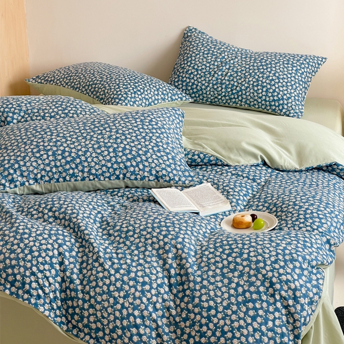 91家纺网 家纺一手货源 找家纺 萝莉家纺 2025新款全棉复古美式风水洗双层纱印花四件套 深兰