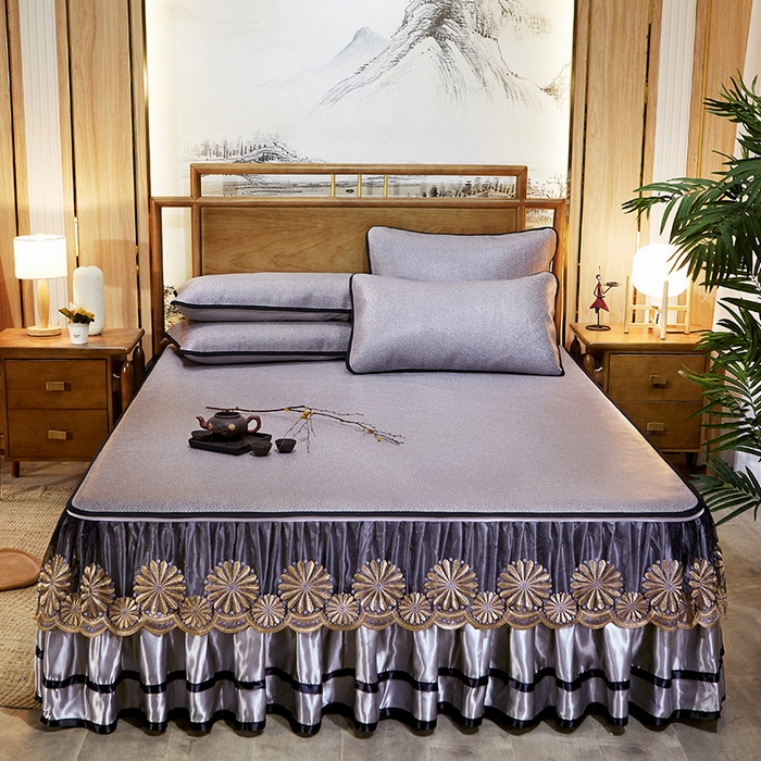 网红馆（ck家纺） 2025新款冰藤席凉席席子床裙系列 蔓心 -雾灰色