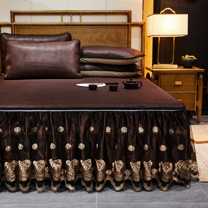 91家纺网 家纺一手货源 找家纺 网红馆（ck家纺） 2025新款冰藤席凉席席子床裙系列 玫瑰-古棕