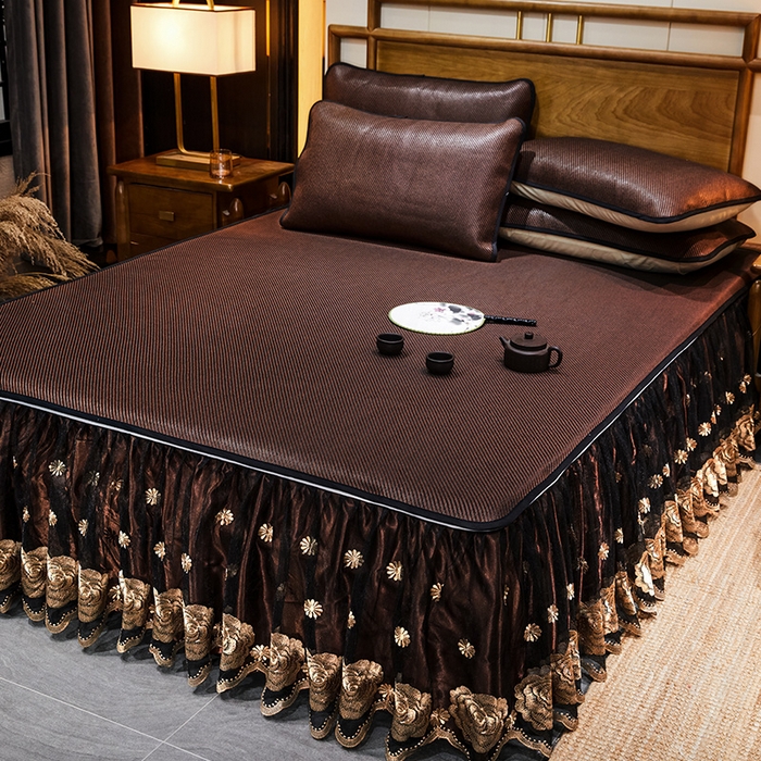 91家纺网 家纺一手货源 找家纺 网红馆（ck家纺） 2025新款冰藤席凉席席子床裙系列 玫瑰-古棕